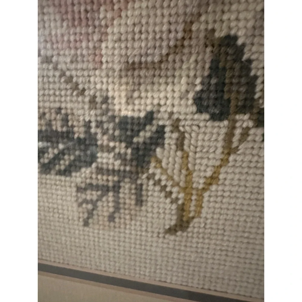 Vintage Needlepoint Cabbage Rose In Wood Frame 14.5 X 13 Cottage Core